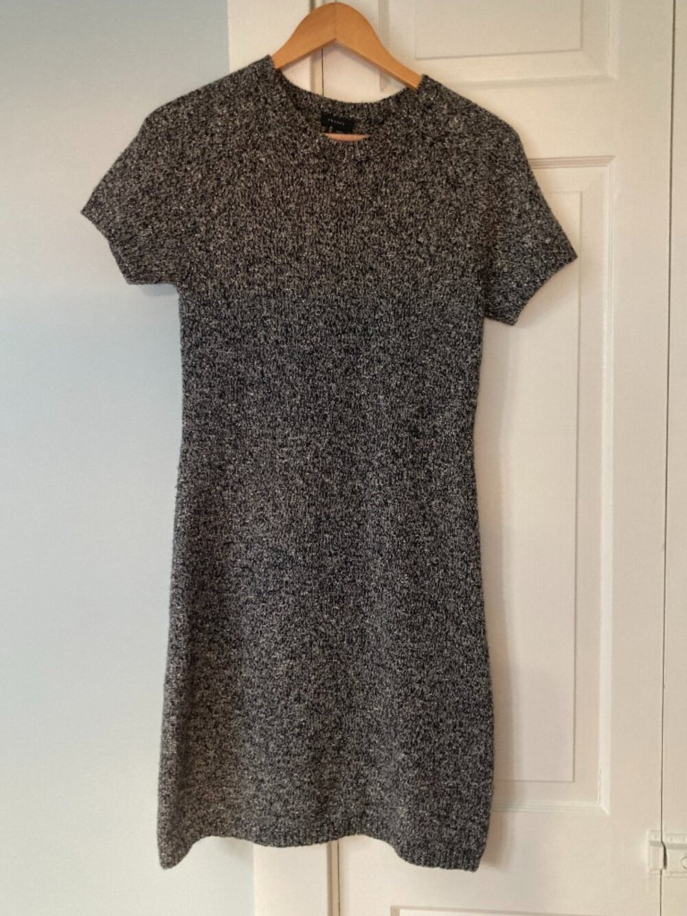Theory black gray tweed short sleeve sweater knit dress M